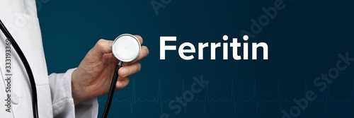 Ferritin. Arzt im Kittel hält Stethoskop. Das Wort Ferritin steht daneben. Symbol für Medizin, Krankheit, Gesundheit photo