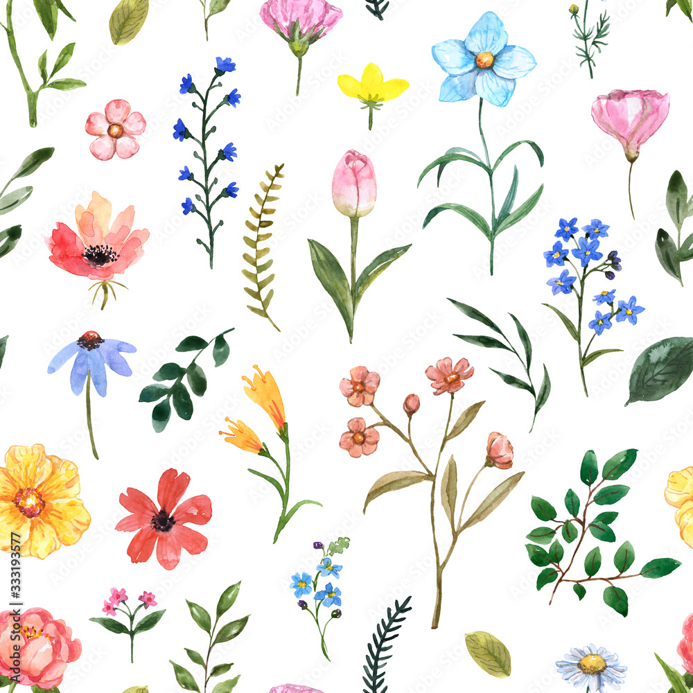 Cute summer meadow flowers seamless pattern. Watercolor wildflower repeat print for design. Hand painted pink, blue, yellow flowers and green leaf illustration on white background. Nursery wallpaper