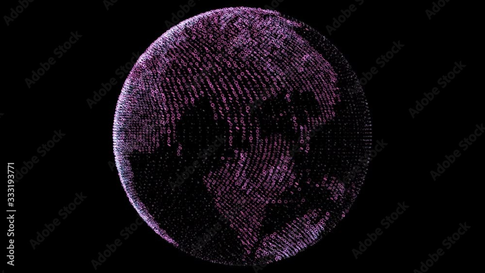This graphics animation video shows a holographic image of a pink Earth rotating in a seamless loop.