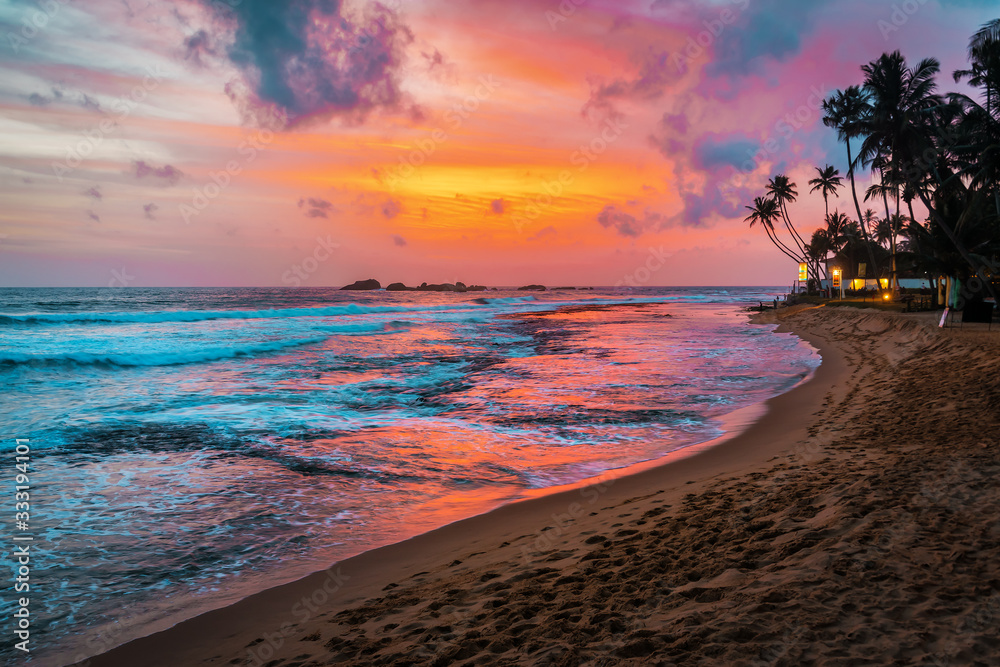 beautiful tropical sunset and beach - obrazy, fototapety, plakaty 