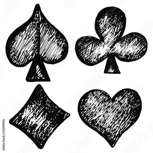 Clubs, Hearts, Diamonds, Spades. Gambling suits in hand drawing style. Signs for board games. Having fun. Handmade style of playing cards. Vector on a white background, for decoration. design, print.