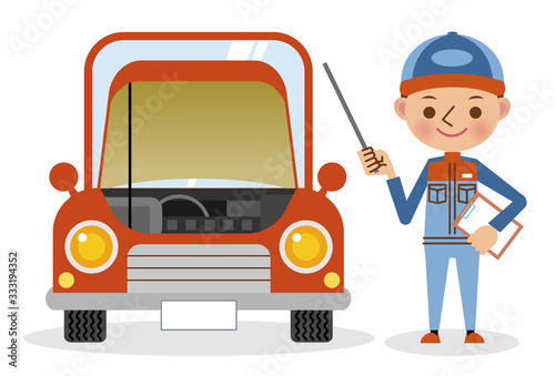 指し棒を使って解説する自動車整備士とボンネットの開いた車