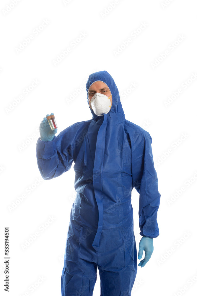 Man in protective clothing with two sample bottles. Coronavirus test. Man in protective clothing with two sample bottles. Coronavirus test.