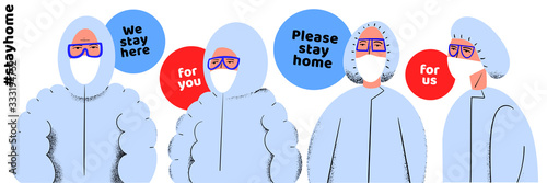 Stay home for us. Pandemic medical concept banner with doctors.Vector illustration. Coronavirus outbreak. 2019-nCoV background.