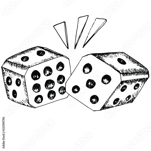 Two dice collided. Logo for the game site with dice. Random loss of winning numbers. Hand-drawn vector image for applications, games, lots, bets. For design and print. Number five and six.