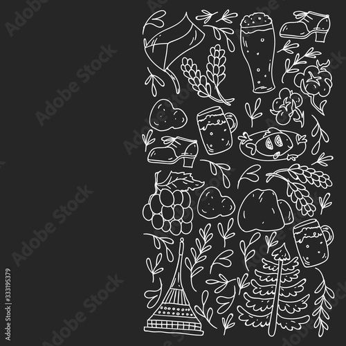 Vector pattern with symbols of Czech Republic. Set with tourism icons and landscapes elements. Travel to country. City, cathedral, building, European architecture. Illustration with landmarks