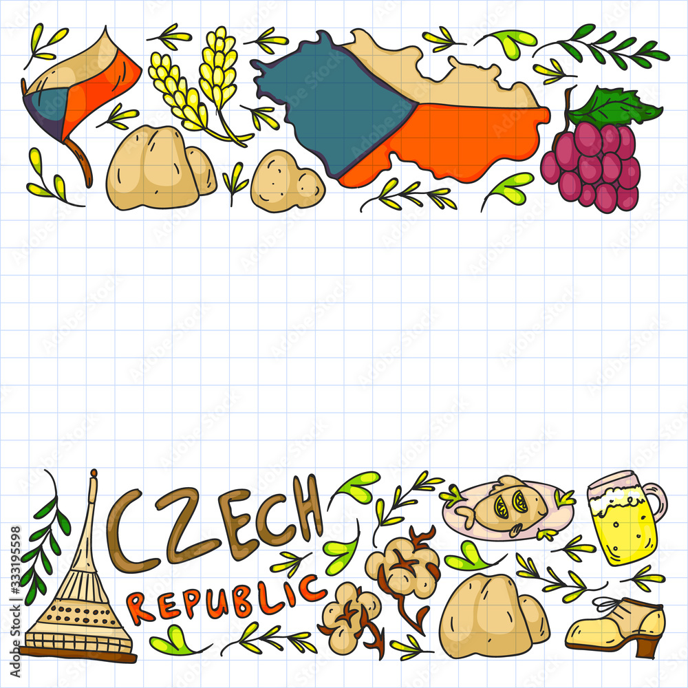 Fototapeta premium Vector pattern with symbols of Czech Republic. Set with tourism icons and landscapes elements. Travel to country. City, cathedral, building, European architecture. Illustration with landmarks