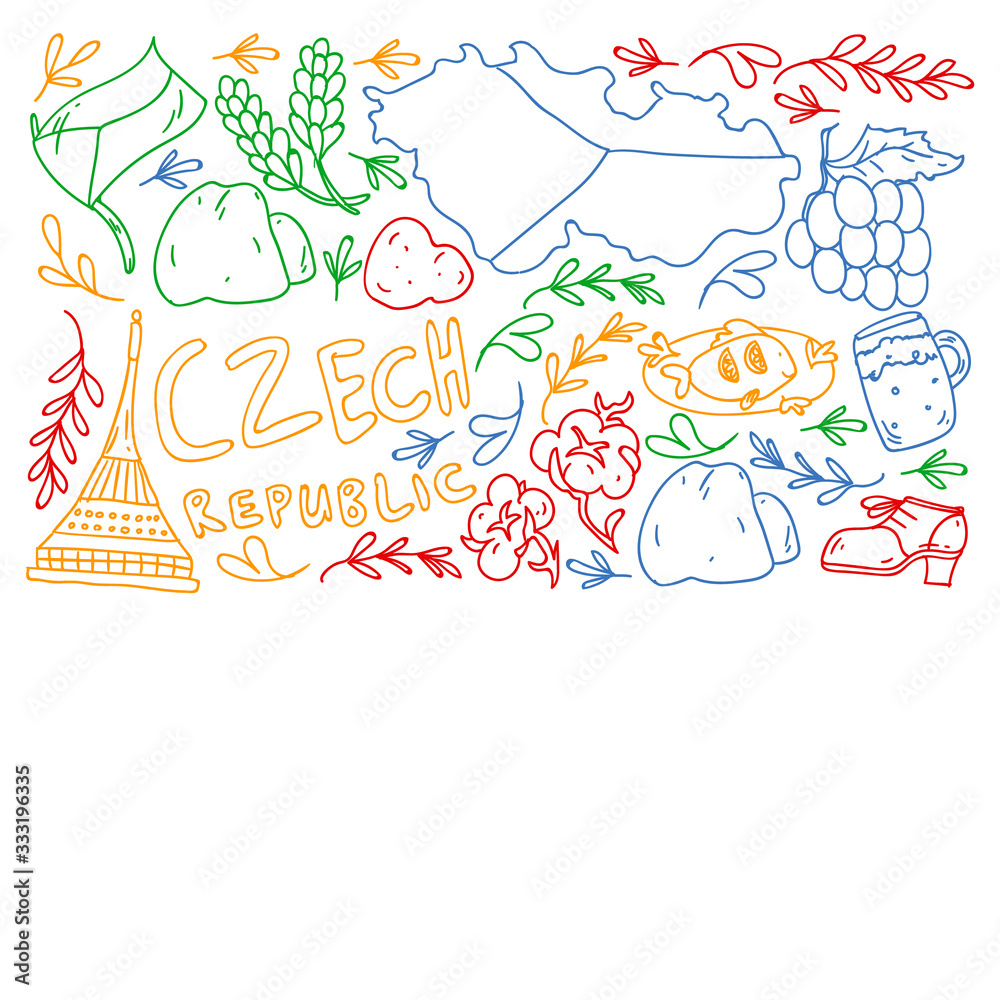 Vector pattern with symbols of Czech Republic. Set with tourism icons and landscapes elements. Travel to country. City, cathedral, building, European architecture. Illustration with landmarks