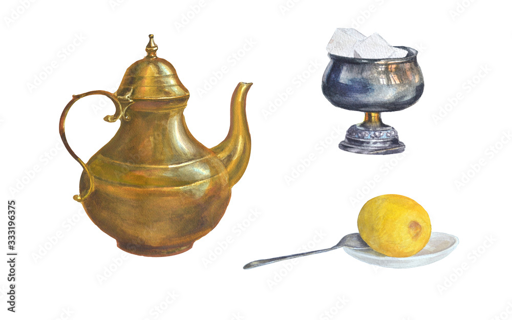 Tea set: teapot, sugar bowl and lemon. Antique metal tableware isolated on white. Tea set: teapot, sugar bowl and lemon. Antique metal tableware isolated on white.