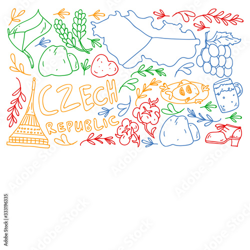 Vector pattern with symbols of Czech Republic. Set with tourism icons and landscapes elements. Travel to country. City, cathedral, building, European architecture. Illustration with landmarks