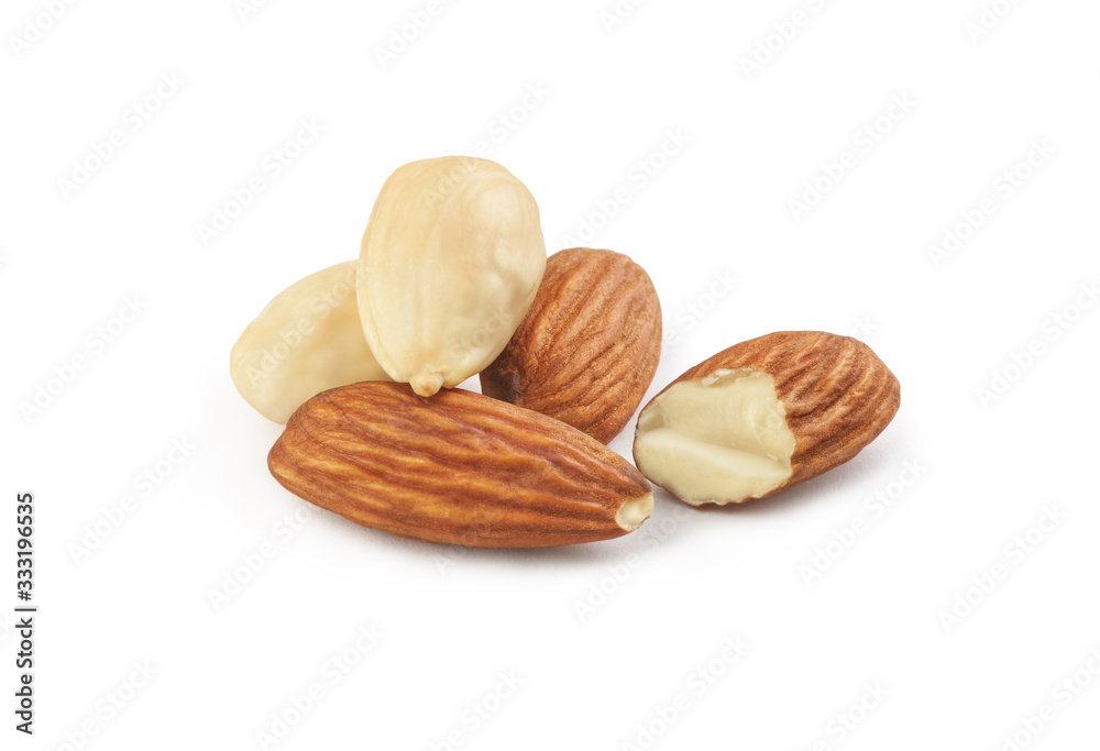 handful of almonds on a white background handful of almonds on a white background
