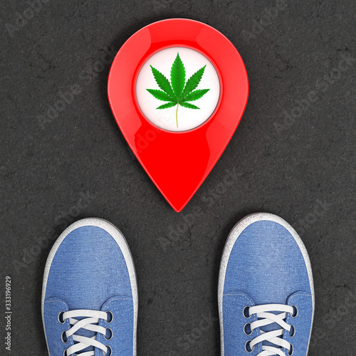 Blue Denim Sneakers on the Asphalt Road with Map Pointer Pins with Medical Marijuana or Cannabis Hemp Leaf Icon Top View. 3d Rendering