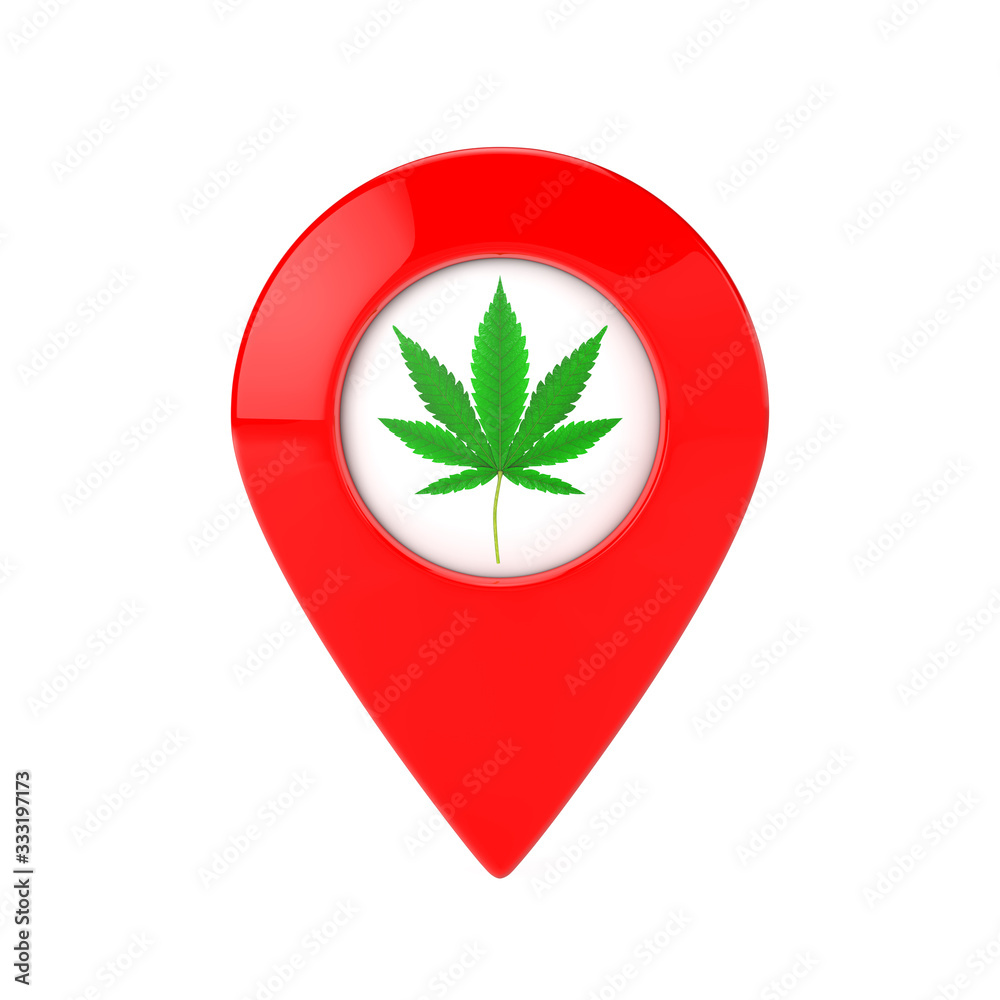 Map Pointer Pins with Medical Marijuana or Cannabis Hemp Leaf Icon. 3d Rendering Map Pointer Pins with Medical Marijuana or Cannabis Hemp Leaf Icon. 3d Rendering