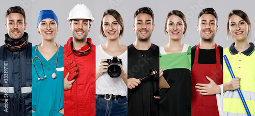 Front view of collection of men and women with different jobs