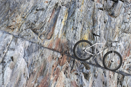 Black and White Mountain Bike on a Winding Rocky Mountain Road. 3d Rendering