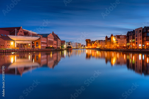 Gdansk with beautiful old town over Motlawa river at dusk  Poland.