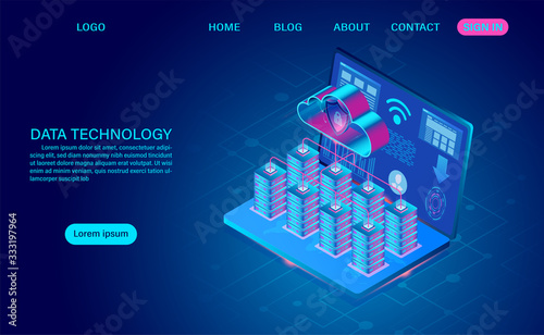 Data technology and cloud computing on computer concept. protects data from thefts data and hacker attacks. isometric flat design. Vector illustration