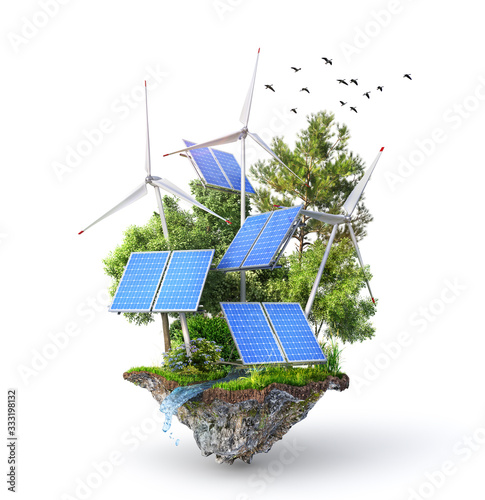 Eco energy. Solar panels with wind stations on the island. 3d illustration