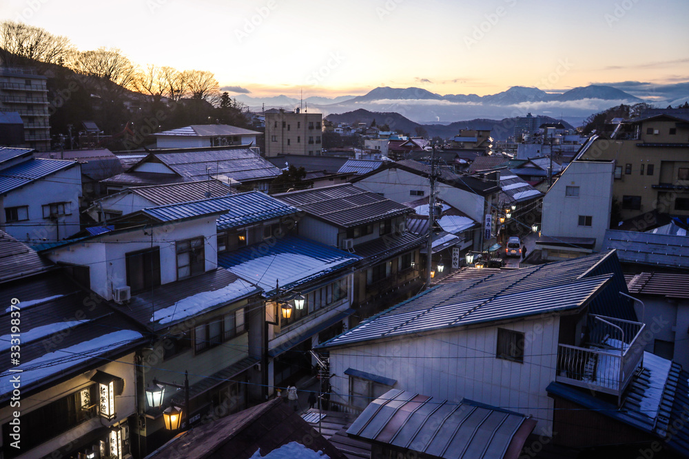 Yudanaka, Japan - January 05, 2020:  Small Station City view near Nagano 