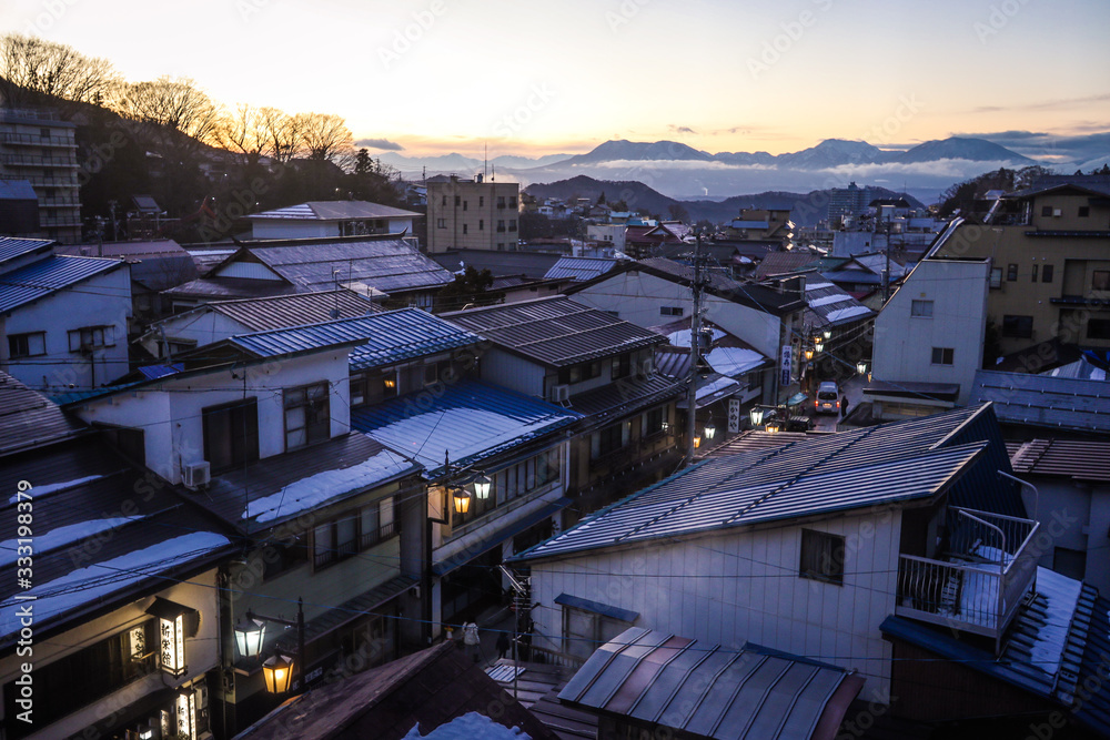 Yudanaka, Japan - January 05, 2020: Small Station City view near Nagano Yudanaka, Japan - January 05, 2020: Small Station City view near Nagano