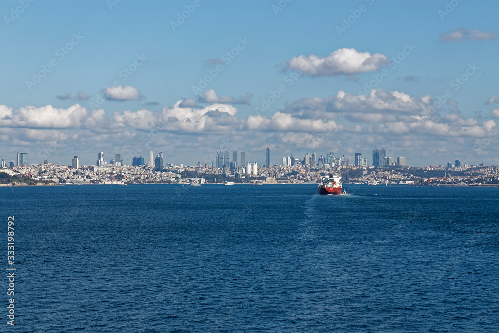 The City of Istanbul with a general Cargo Vessel approaching the Bosphorus Straits from the Sea of Marmara. The City of Istanbul with a general Cargo Vessel approaching the Bosphorus Straits from the Sea of Marmara.