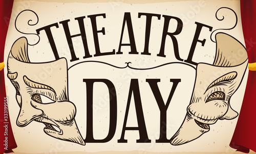 Curtains, Scroll with Masks Drawing Ready for Theatre Day, Vector Illustration