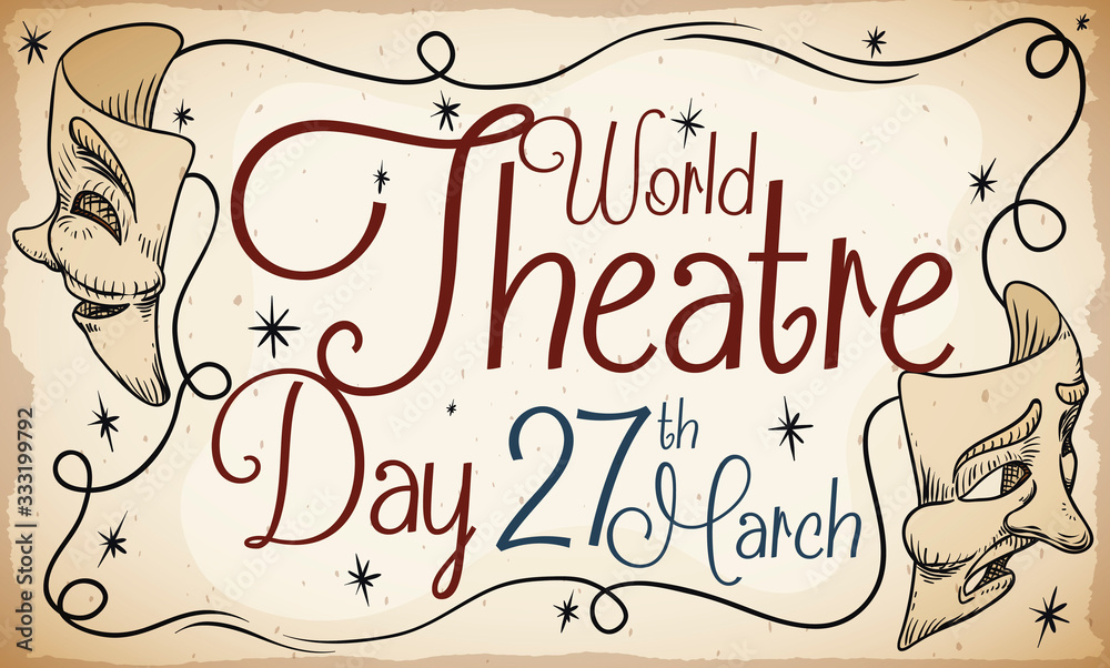 Scroll with Retro Design of Masks to Celebrate World Theatre Day, Vector Illustration