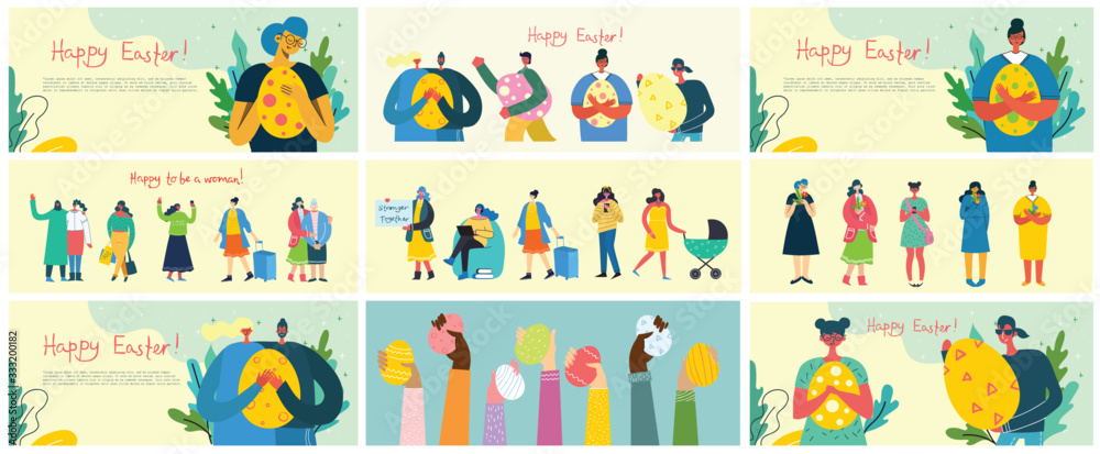 Vector Easter cards with people and animals holding the eggs and hand drawn text - Happy Easter in the flat style Vector Easter cards with people and animals holding the eggs and hand drawn text - Happy Easter in the flat style