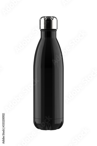 Black Sports Bottle with Vacuum Insulation for Hiking or Cycling. 3D Render Isolated on White Background.