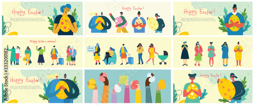 Vector Easter cards with people and animals holding the eggs and hand drawn text - Happy Easter in the flat style