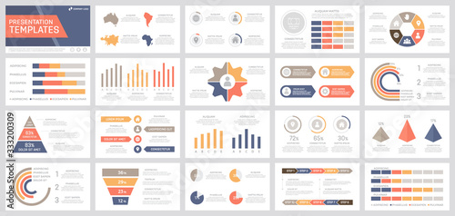 Set of brown, orange, red and blue elements for multipurpose presentation template slides with graphs and charts.