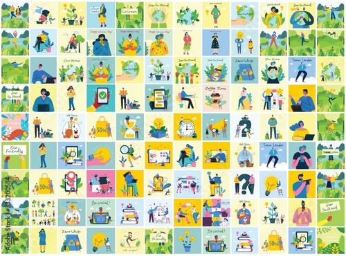 Vector illustration of Connection, Team leader, Online review, Time mamagement, Coworking space, Save the planet, Start up, Team work backgrounds