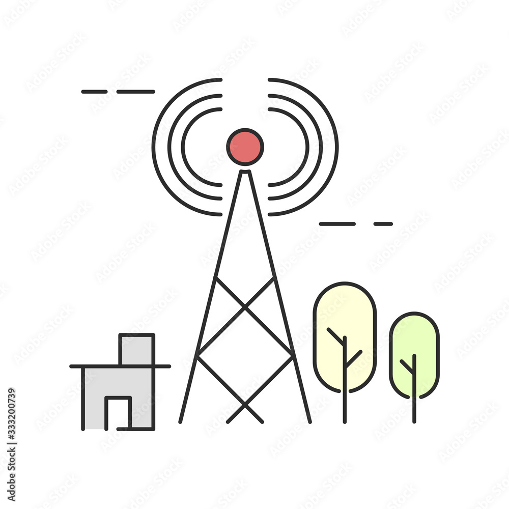Wireless radio transmission tower. Outline thin line flat illustration. Isolated on white background. Wireless radio transmission tower. Outline thin line flat illustration. Isolated on white background.