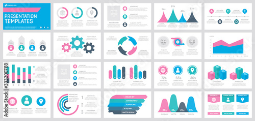 Set of pink, turquoise, blue and dark grey elements for multipurpose presentation template slides with graphs and charts.