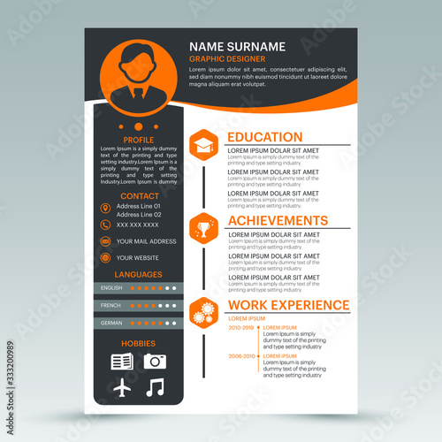Vector original minimalist cv, resume template - creative Design Orange and Gray colours