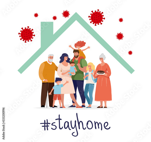 CoVID-19 Spread of the virus. New Coronavirus 2019-nCoV Positive quarantine self-isolation poster. A happy family is protected from the virus in their home. Flat vector illustration