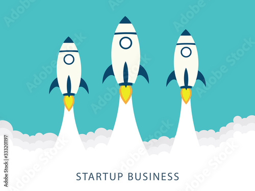 Business concept of banner with startup rocket.Launch rocket vector background