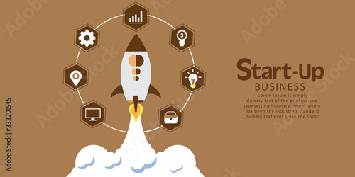 Rocket flying with icons of strategy, marketing, money and investment. Concept of business successful, growth strategy and investment in startup