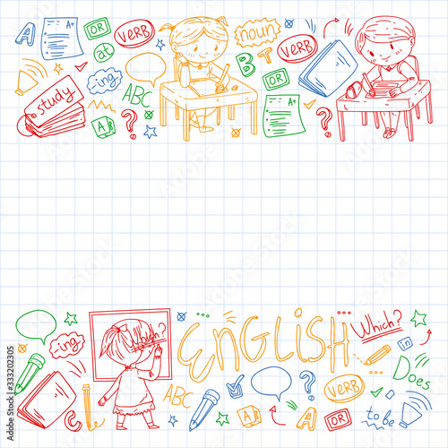 Online english school for children. Learn language. Education vector illustration. Kids drawing doodle style image.