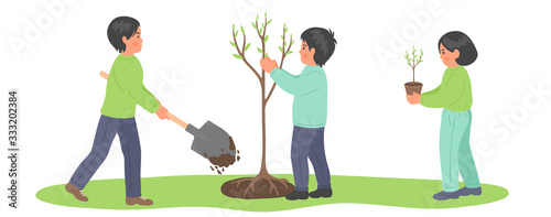 Children plants trees. Springtime. Kids with shovel working in the garden and digs ground. 