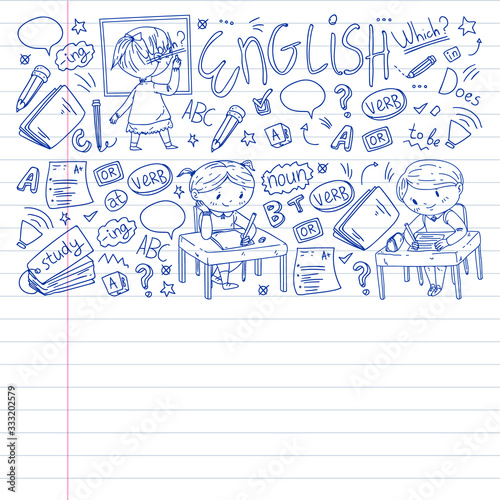Online english school for children. Learn language. Education vector illustration. Kids drawing doodle style image.