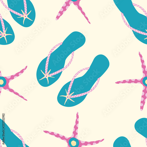 Flip flop shoe seamless vector pattern background. Stylish sandals and starfish beach wedding backdrop. Blue, pink, yellow design. All over print for exotic vacation and honeymoon resort concept