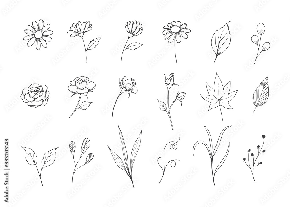 Plakat Flowers Sketch Collection with Line Art Style