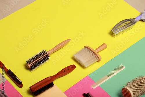 Hairdressing mockup - with brush, spray and sciccors - on white background top-down frame copy space. Background. Tools for the hairdresser.  © Alex