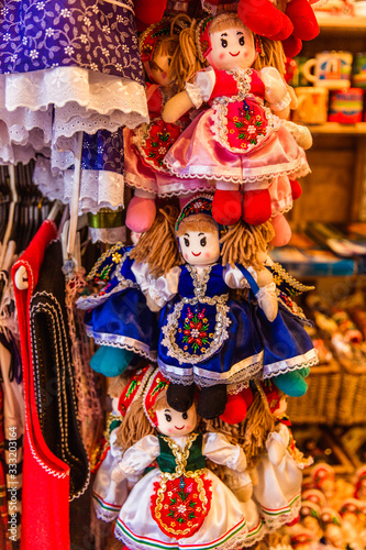 Traditional magyar dolls puppets in folk costume traditional Hungarian clothing in Market in Buda Castel, Budapest