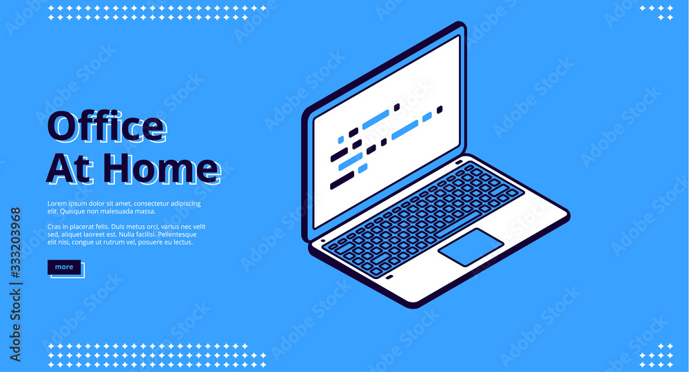 Office at home banner. Remote work concept. Vector landing page of home freelance using notebook, distant business with isometric illustration of laptop on blue background