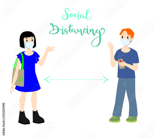 Man and woman with mask practicing social distancing