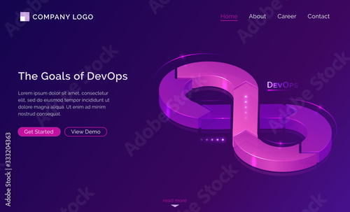 Goals of DevOps banner. Concept of development operations, communication of programmers and engineers. Vector landing page of project integration with isometric illustration of lifecycle infinity sign