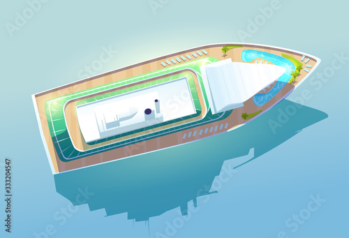 Cruise ship. Luxury passenger liner for summer vacation and sea travel top view. Vector cartoon illustration of big cruise ship for ocean trip with swimming pool on deck