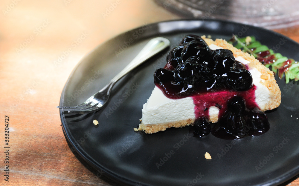 custom made wallpaper toronto digitalBlueberry Ceese pie cake put on black dish lay on wooden table,Relax time with coffee and cake,selective focus